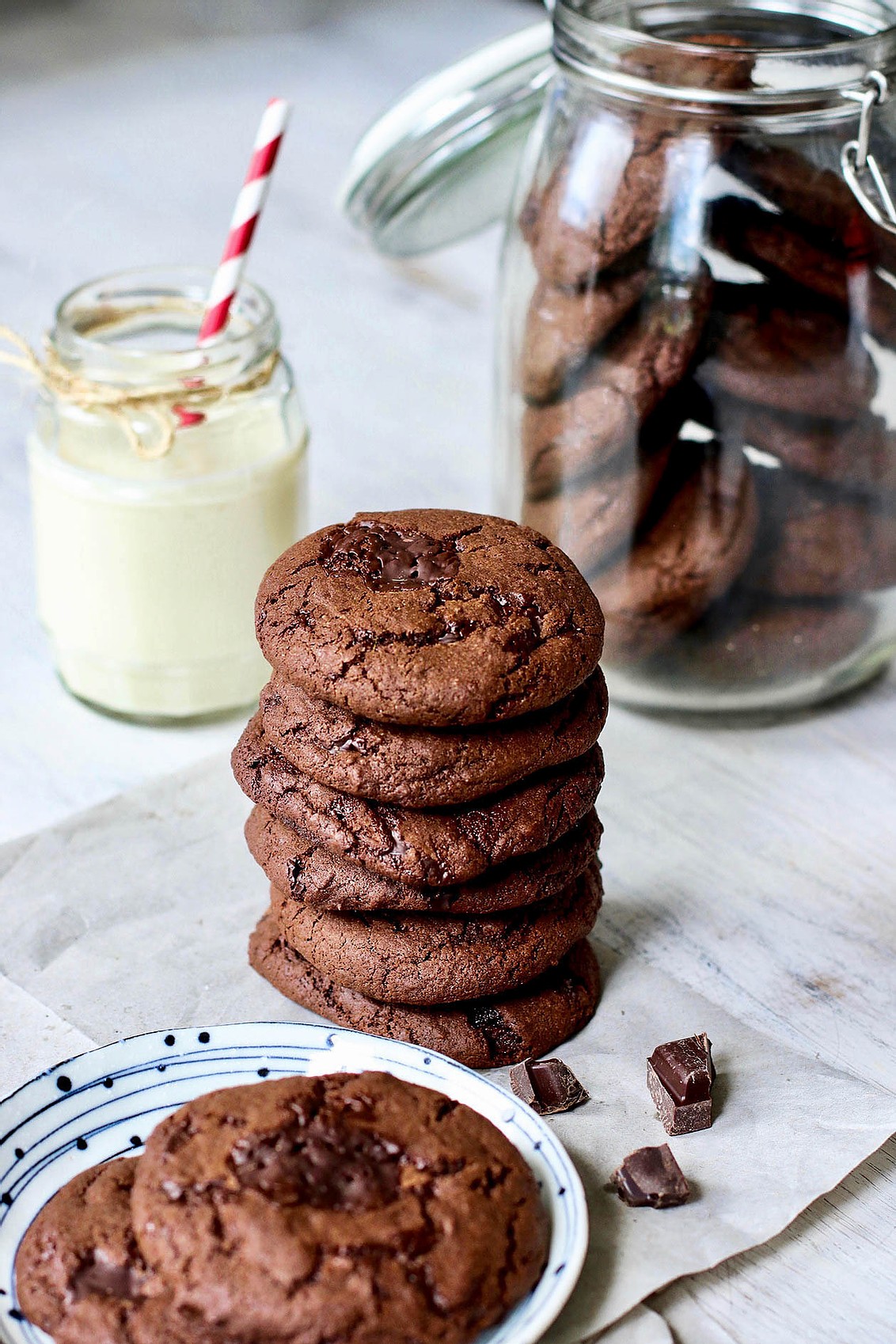 double chocolate chip cookies in a stack